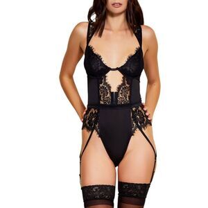 Black Underwire Lace &‎ Velvet Teddy with Garter Straps Lingerie